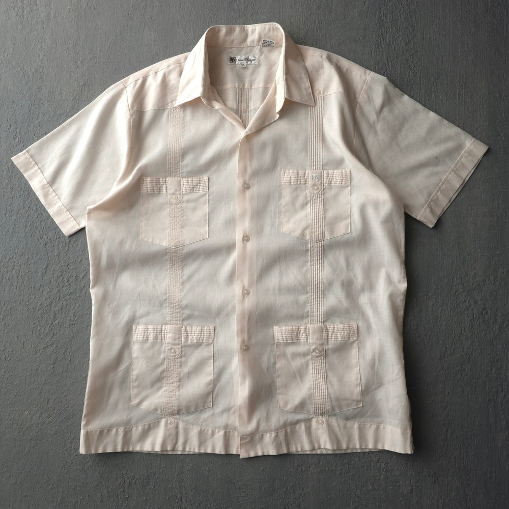 Vintage 80s Daniel Philippe Peach Guayabera Shirt Size L Pleated 4-Pocket